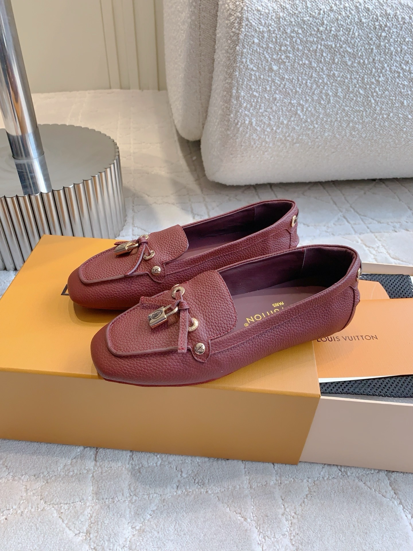 Louis Vuitton Burgundy Grained Leather Moccasin Loafers with Padlock