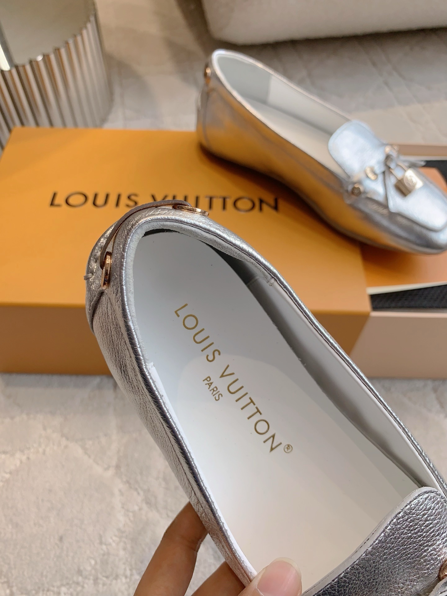 Louis Vuitton Silver Metallic Leather Loafers with Padlock Detail