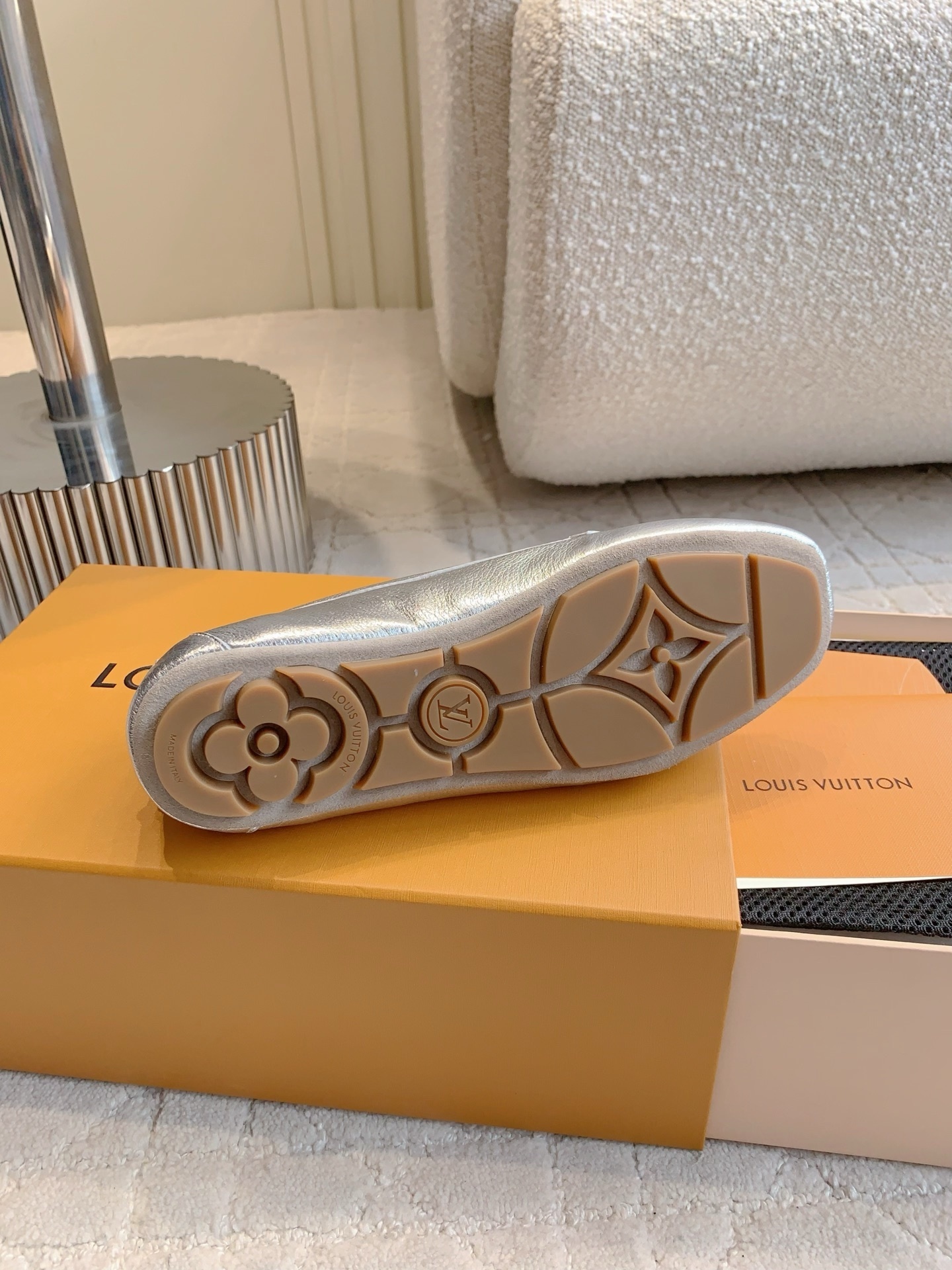 Louis Vuitton Silver Metallic Leather Loafers with Padlock Detail