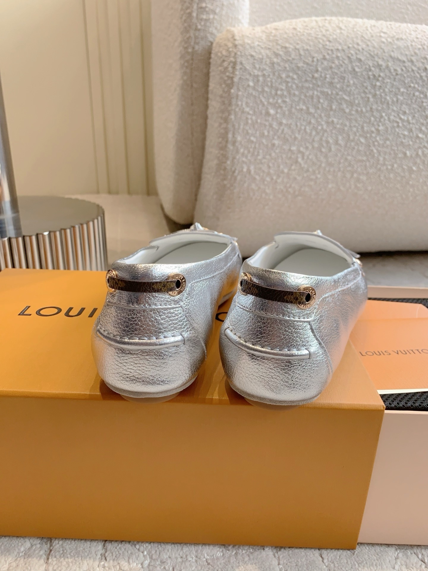 Louis Vuitton Silver Metallic Leather Loafers with Padlock Detail