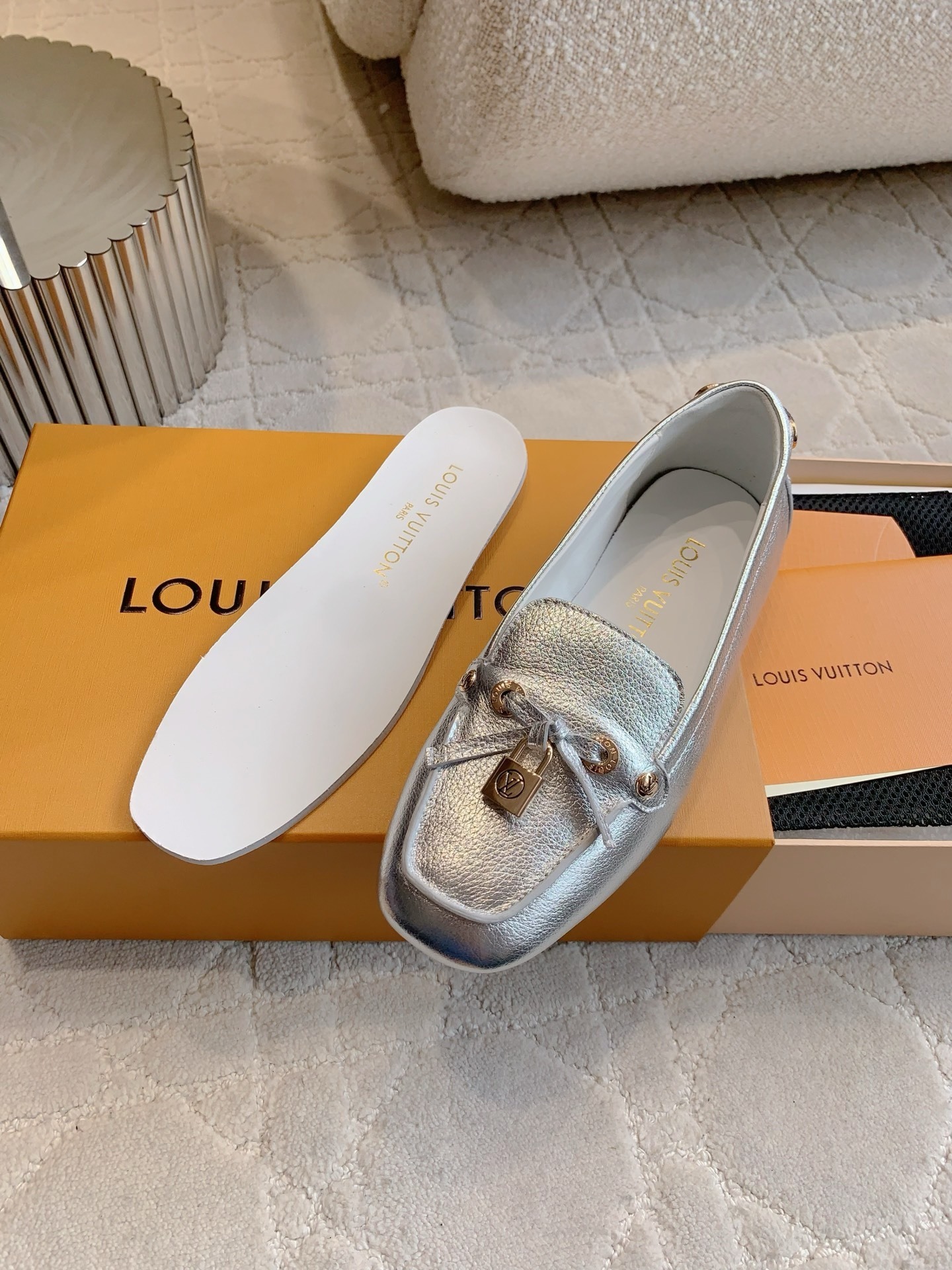 Louis Vuitton Silver Metallic Leather Loafers with Padlock Detail