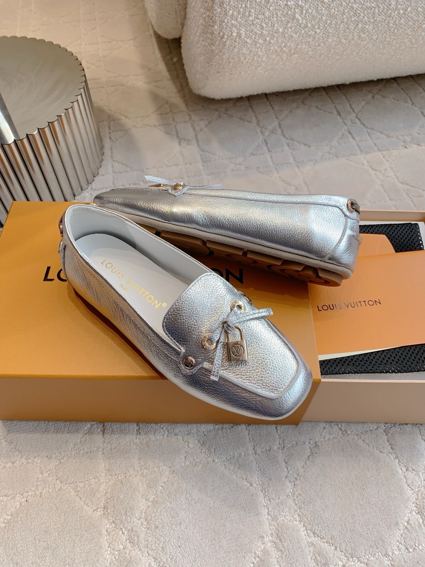 Louis Vuitton Silver Metallic Leather Loafers with Padlock Detail