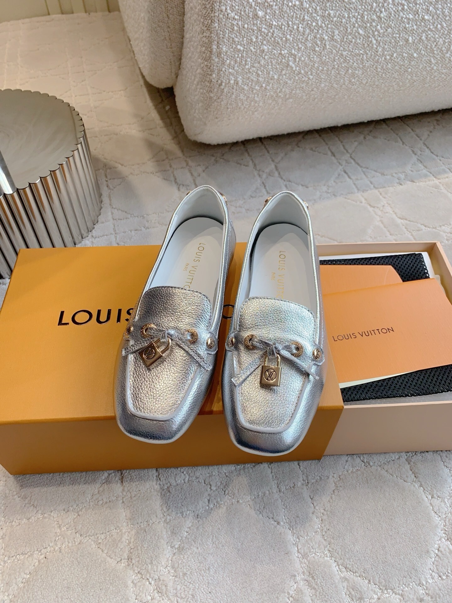 Louis Vuitton Silver Metallic Leather Loafers with Padlock Detail