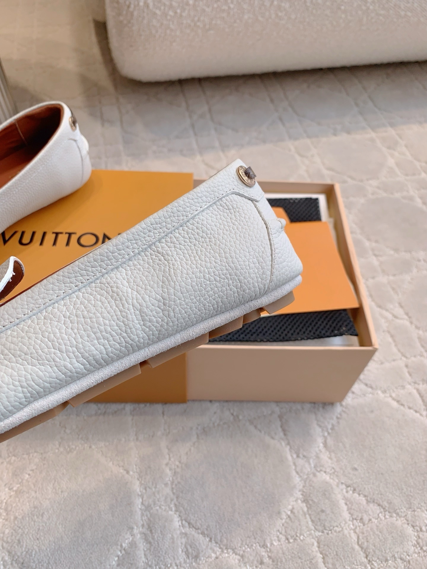 Louis Vuitton White Grained Leather Loafers with LV Padlock Charm