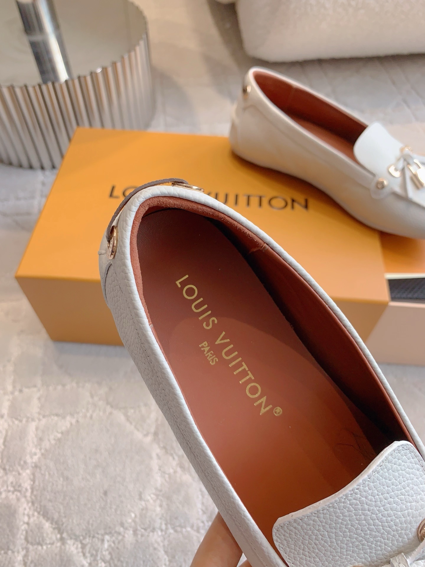 Louis Vuitton White Grained Leather Loafers with LV Padlock Charm