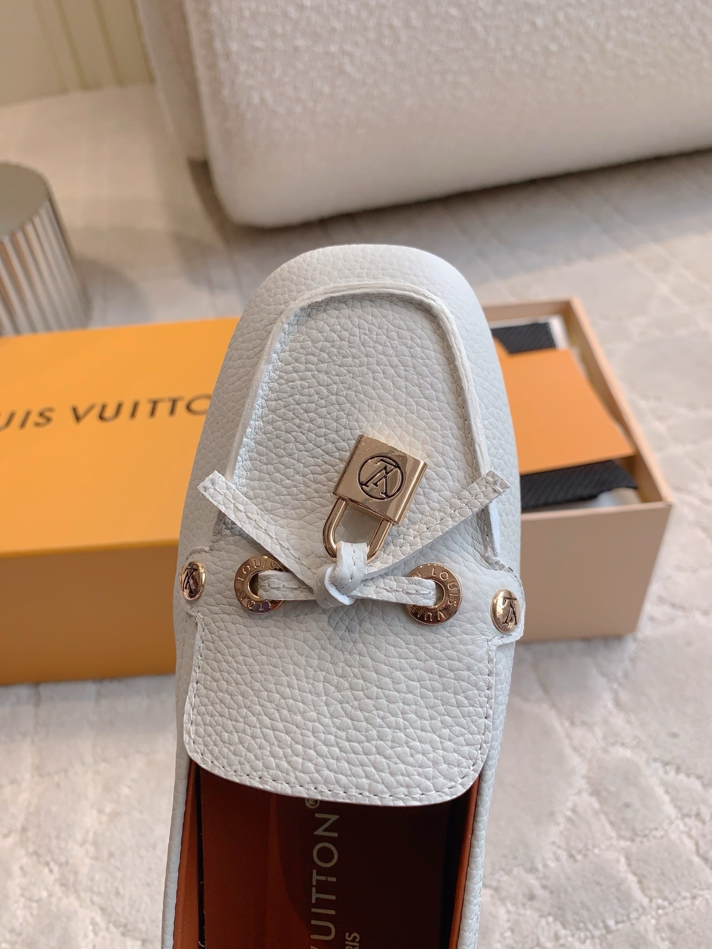 Louis Vuitton White Grained Leather Loafers with LV Padlock Charm