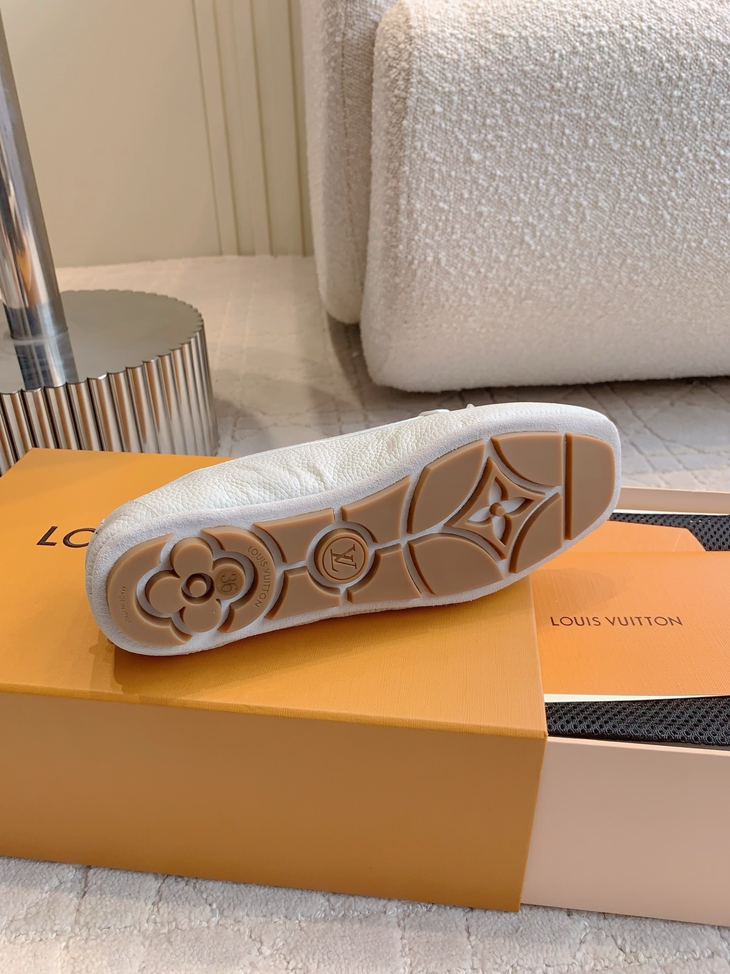 Louis Vuitton White Grained Leather Loafers with LV Padlock Charm