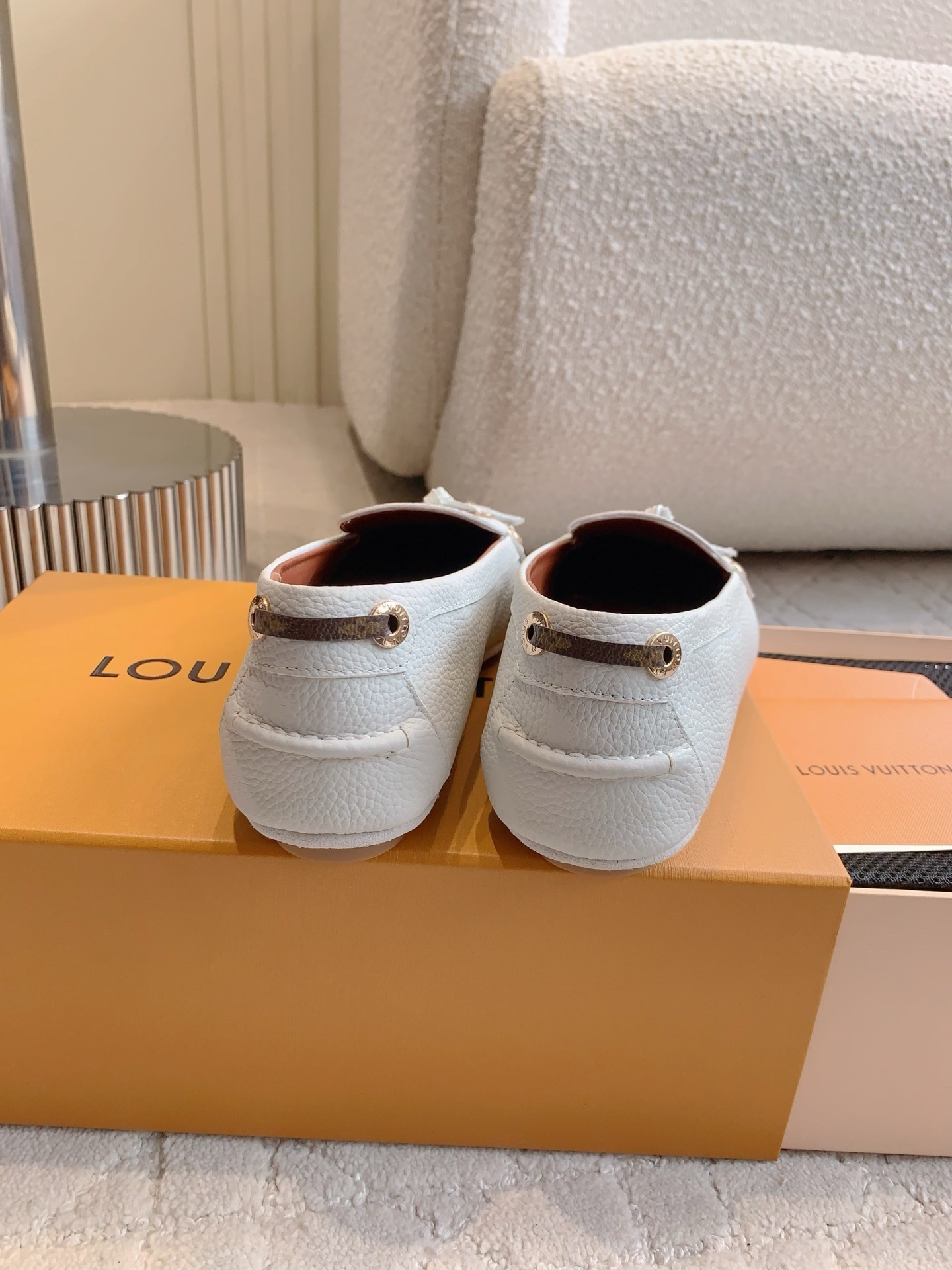 Louis Vuitton White Grained Leather Loafers with LV Padlock Charm