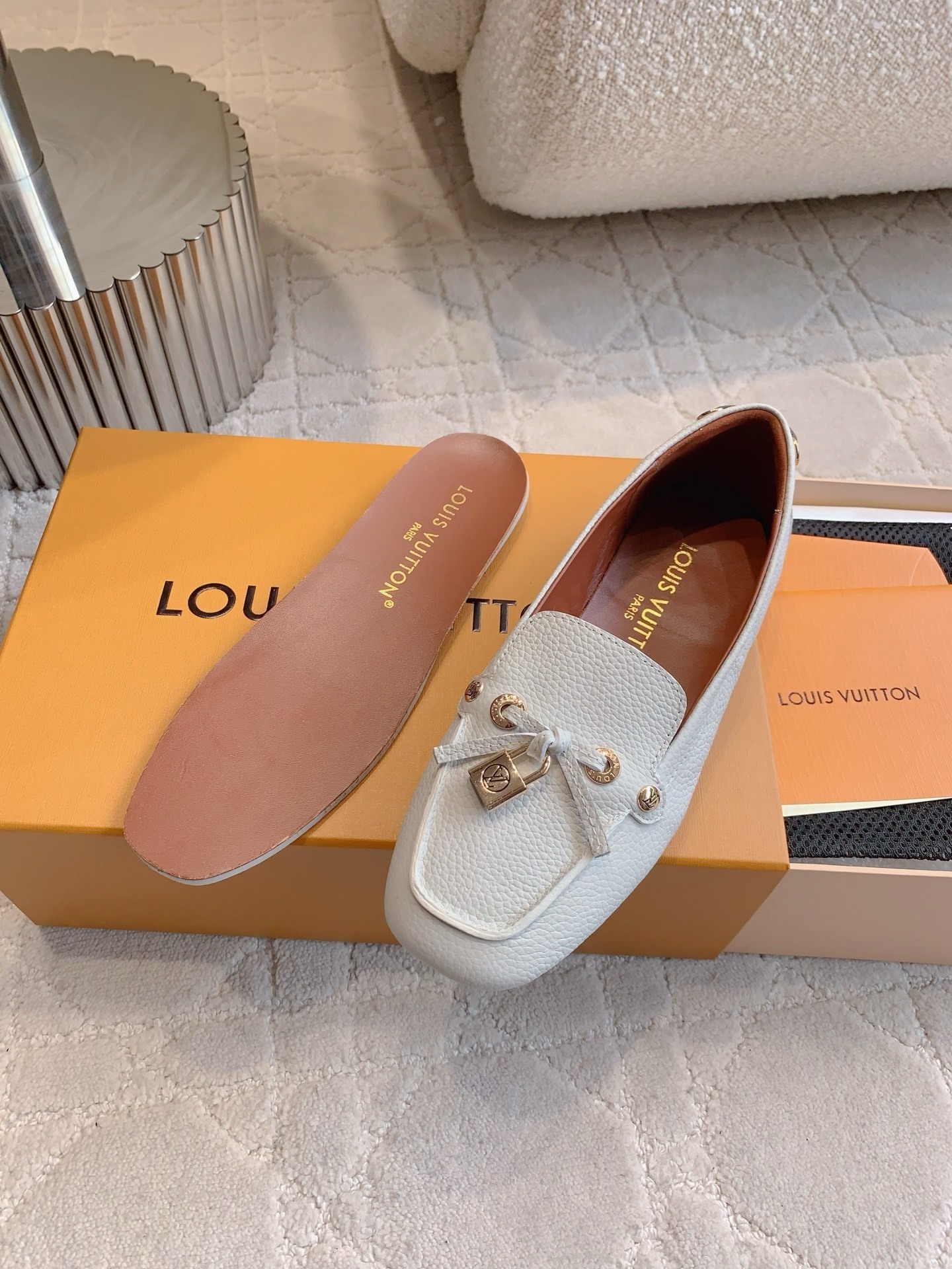 Louis Vuitton White Grained Leather Loafers with LV Padlock Charm
