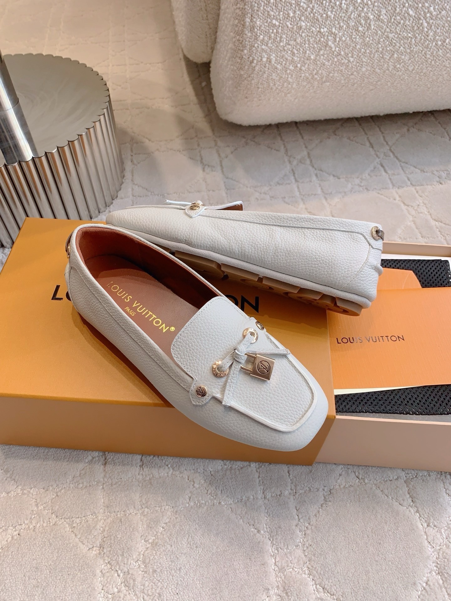 Louis Vuitton White Grained Leather Loafers with LV Padlock Charm