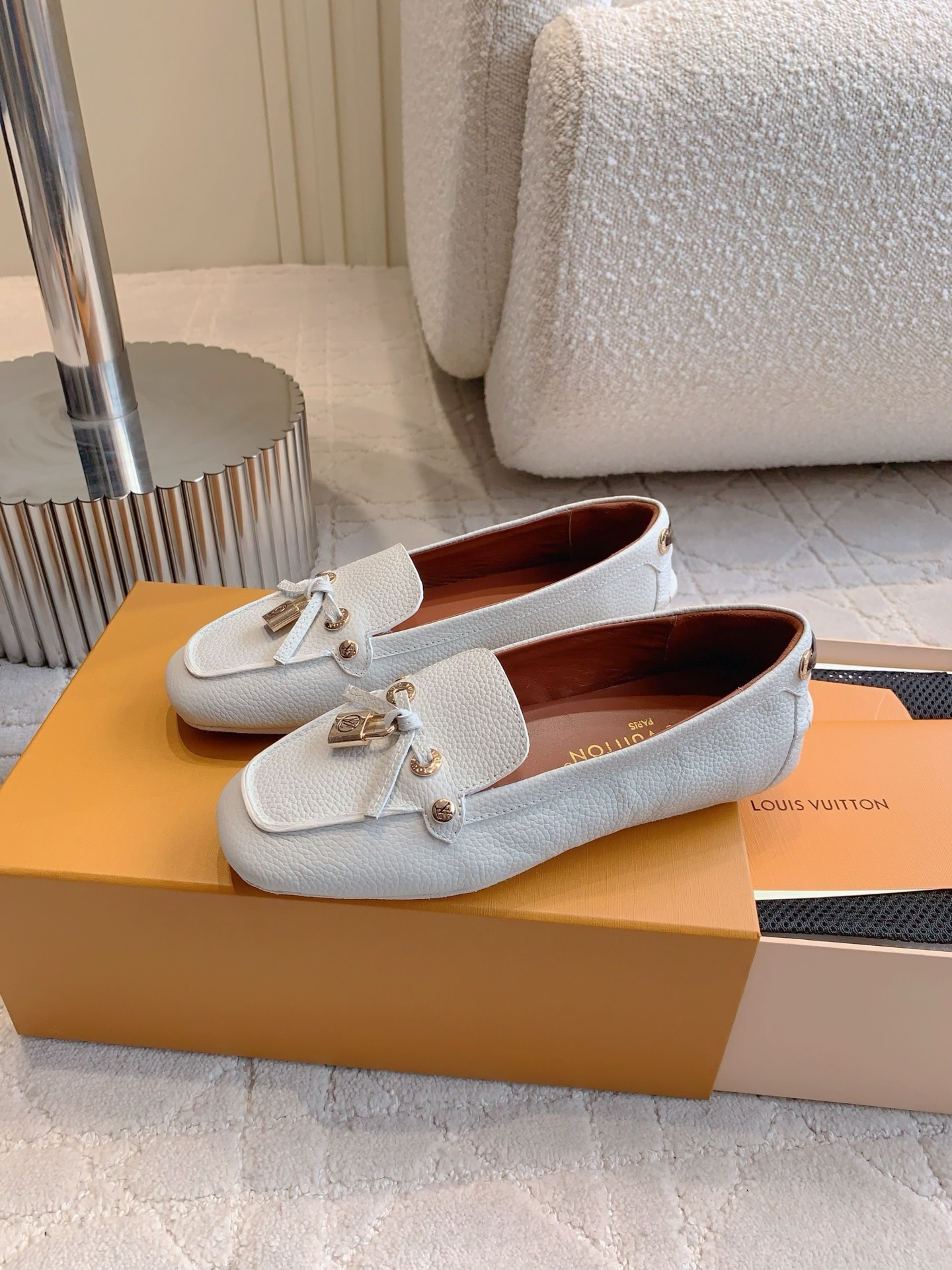 Louis Vuitton White Grained Leather Loafers with LV Padlock Charm