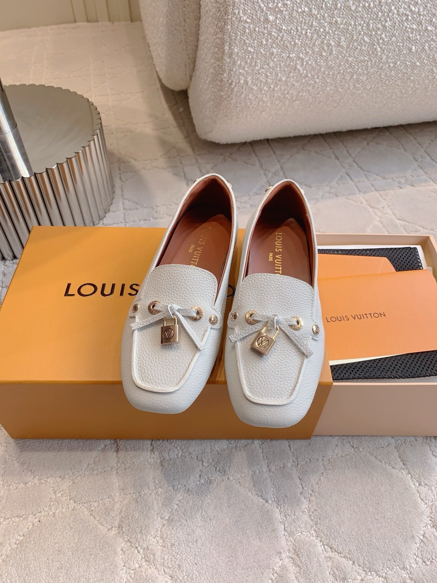 Louis Vuitton White Grained Leather Loafers with LV Padlock Charm