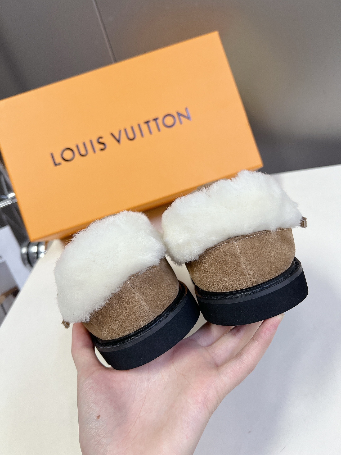Louis Vuitton Tan Suede Shearling-Lined Mules with LV Logo