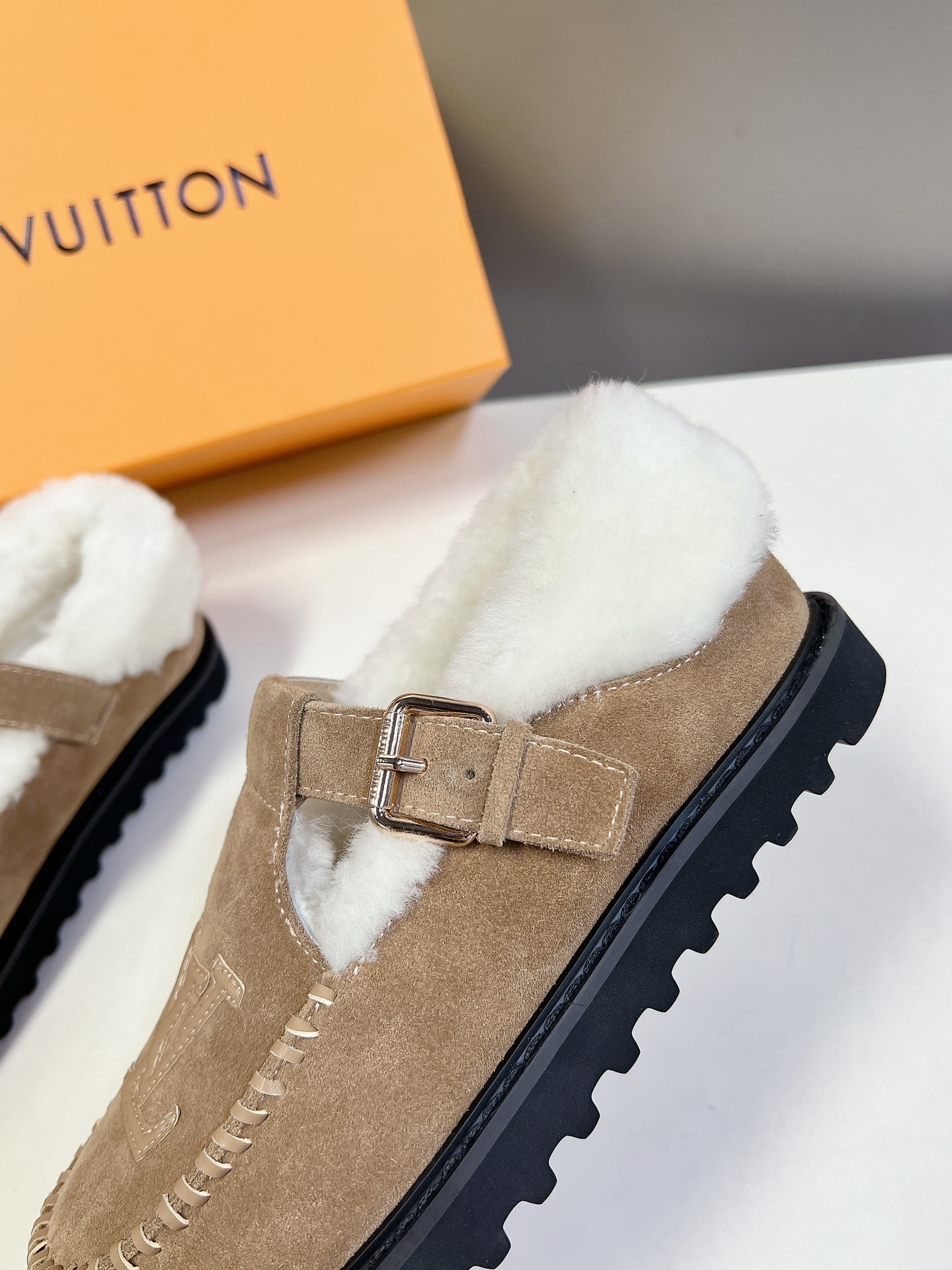 Louis Vuitton Tan Suede Shearling-Lined Mules with LV Logo