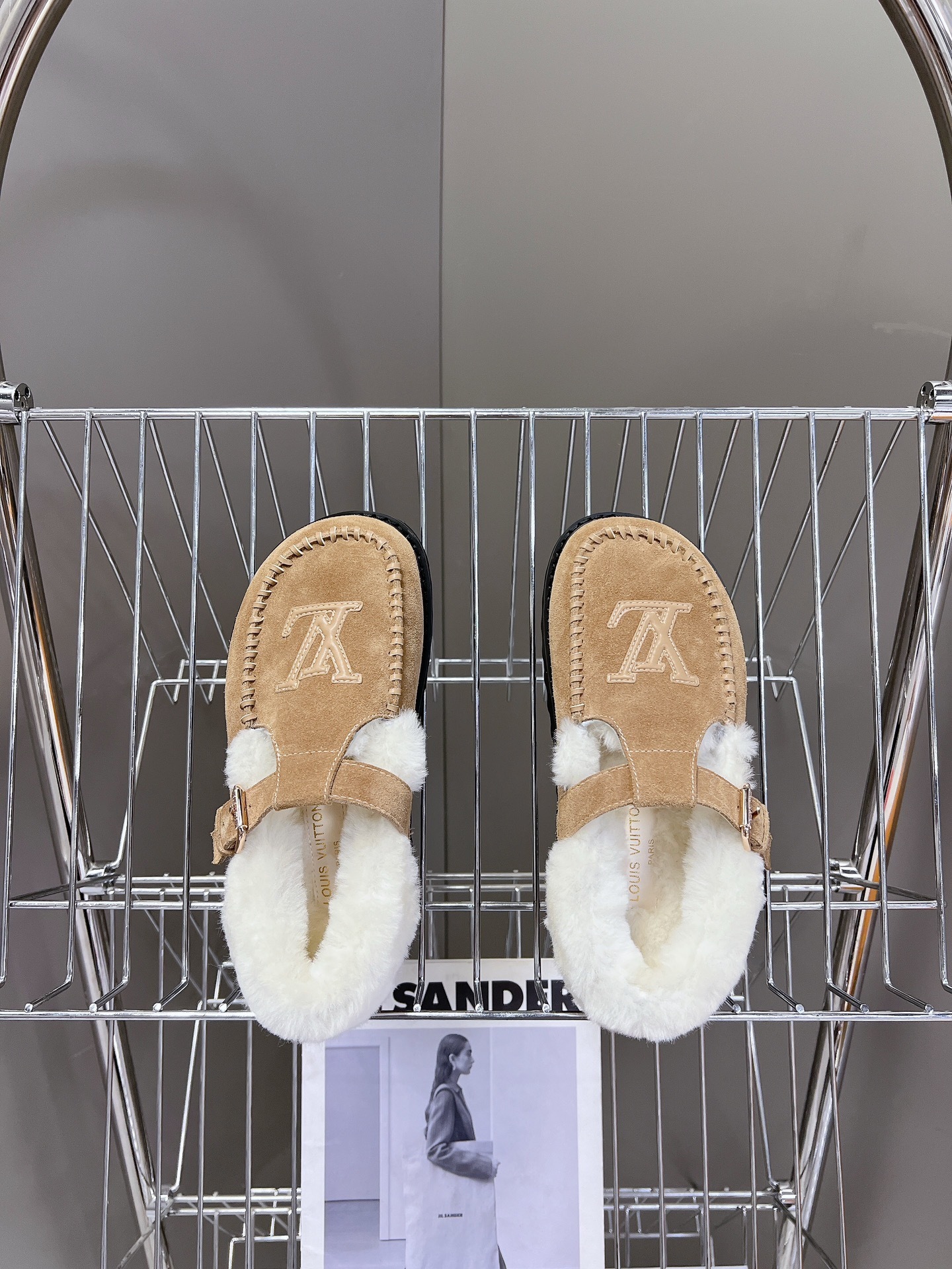 Louis Vuitton Tan Suede Shearling-Lined Mules with LV Logo