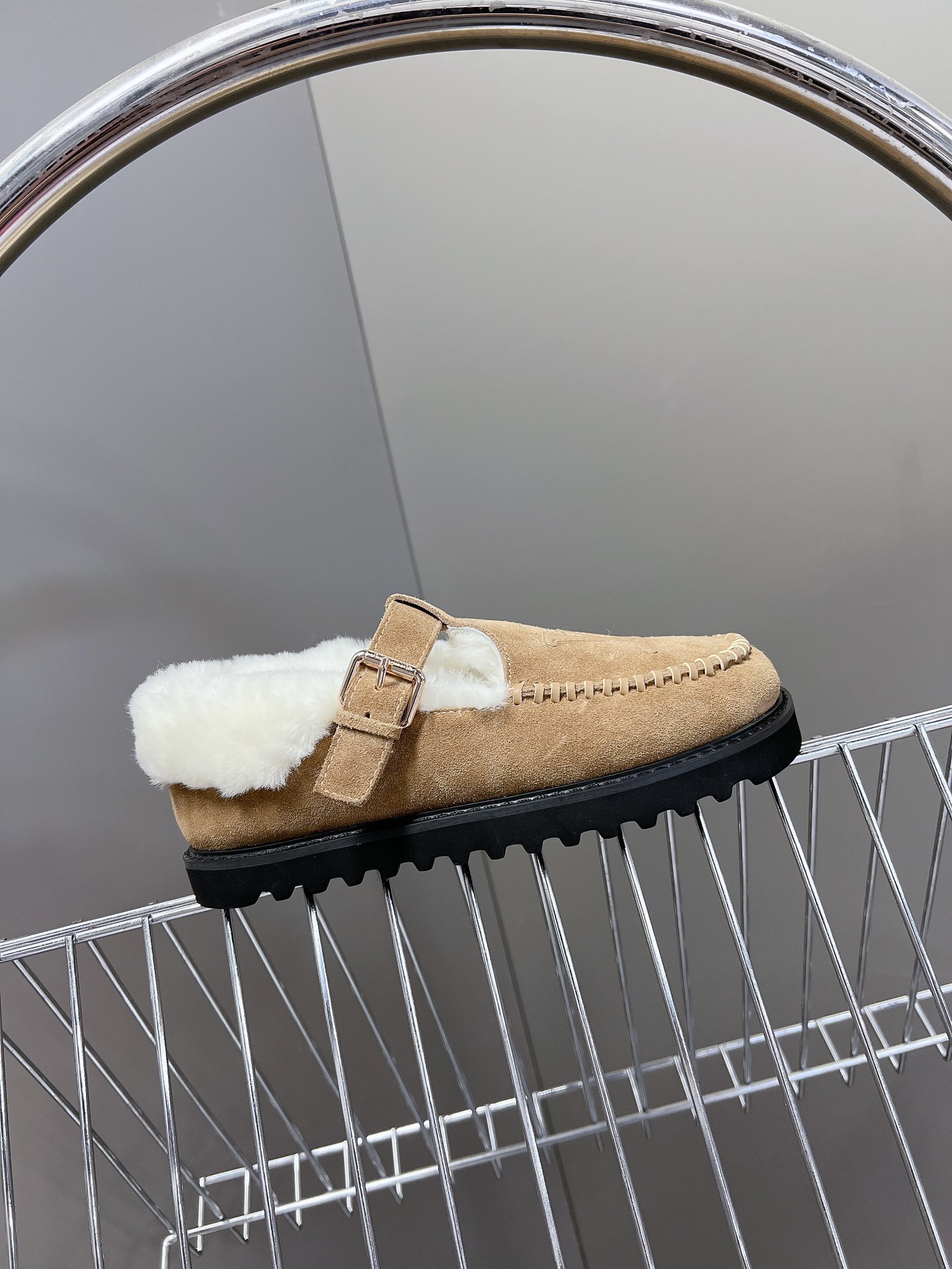 Louis Vuitton Tan Suede Shearling-Lined Mules with LV Logo