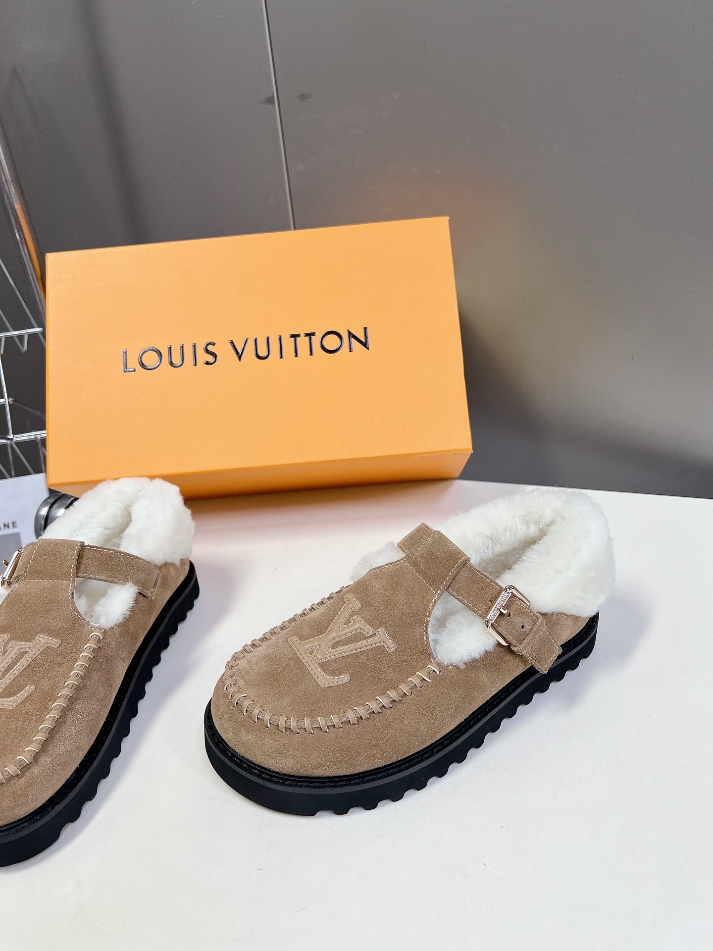Louis Vuitton Tan Suede Shearling-Lined Mules with LV Logo