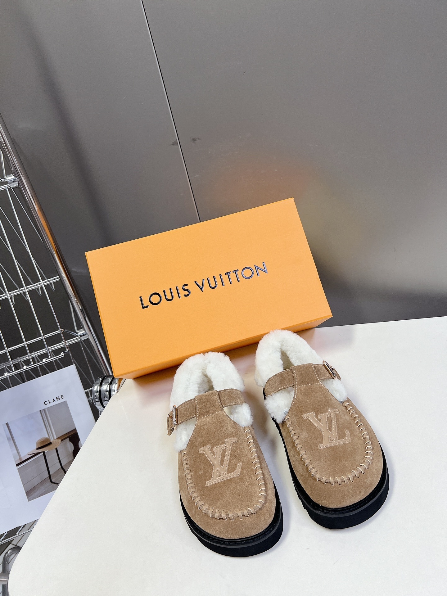 Louis Vuitton Tan Suede Shearling-Lined Mules with LV Logo