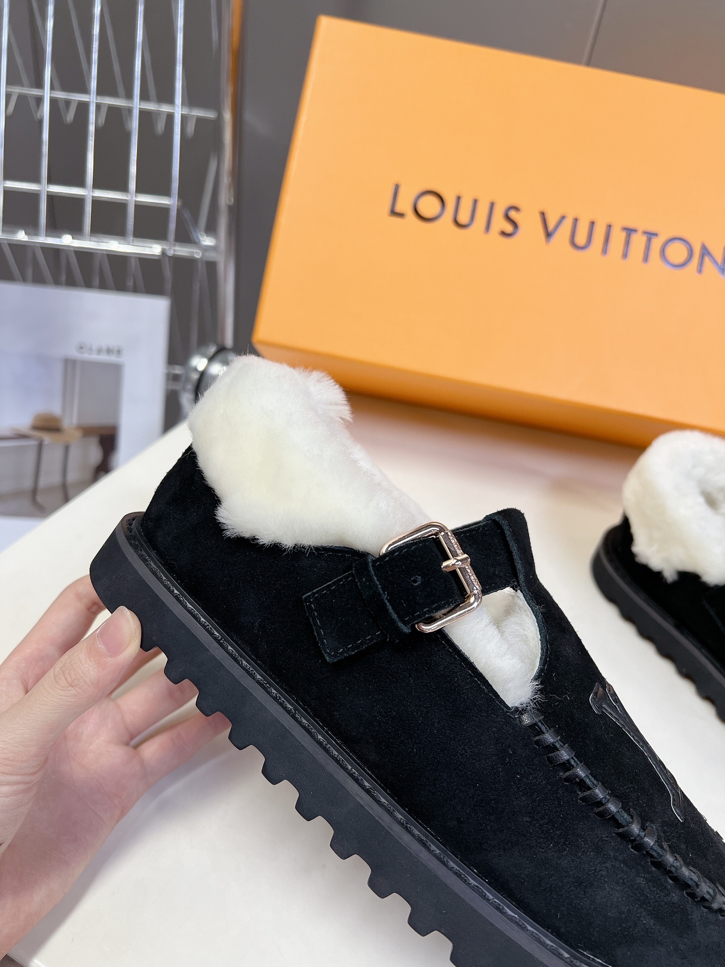 Louis Vuitton Black Suede Shearling-Lined Loafers with LV Logo