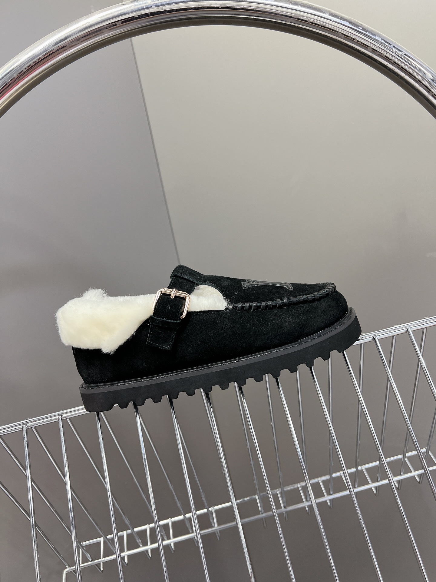 Louis Vuitton Black Suede Shearling-Lined Loafers with LV Logo