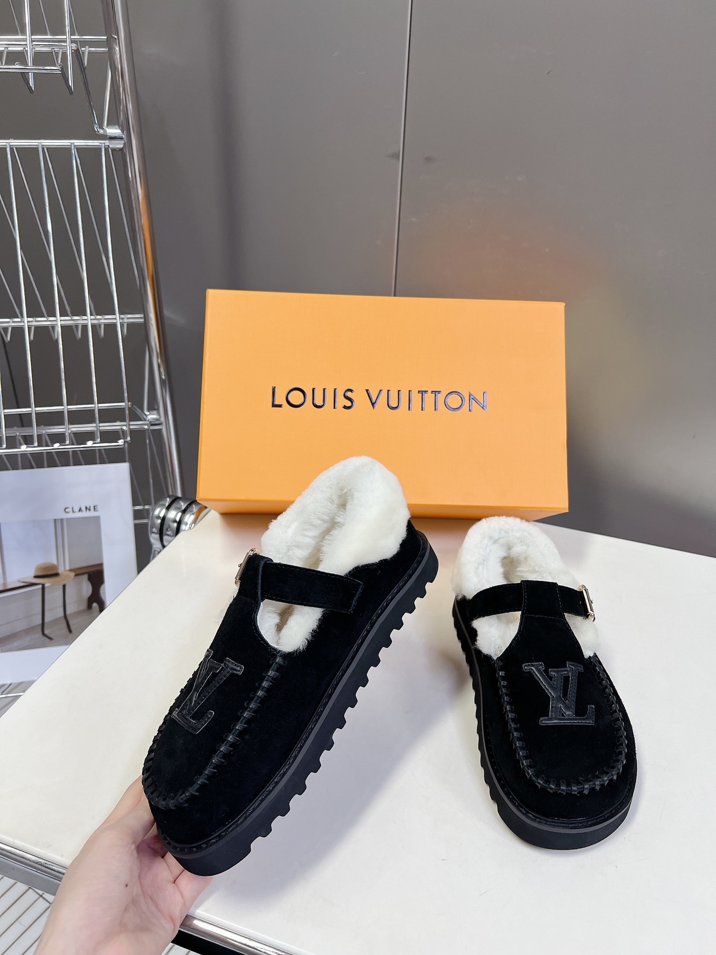 Louis Vuitton Black Suede Shearling-Lined Loafers with LV Logo