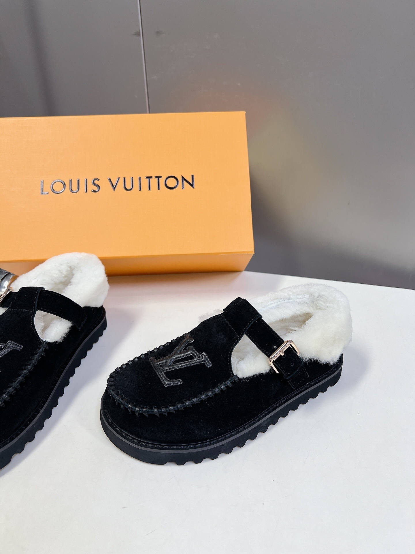 Louis Vuitton Black Suede Shearling-Lined Loafers with LV Logo