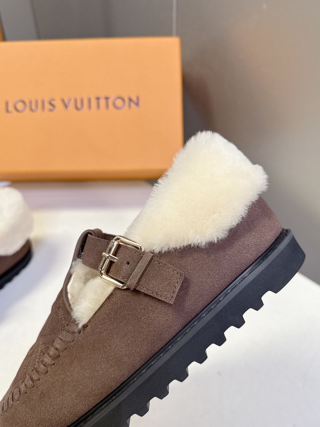 Louis Vuitton Suede Monogram Shearling Comfort Loafers