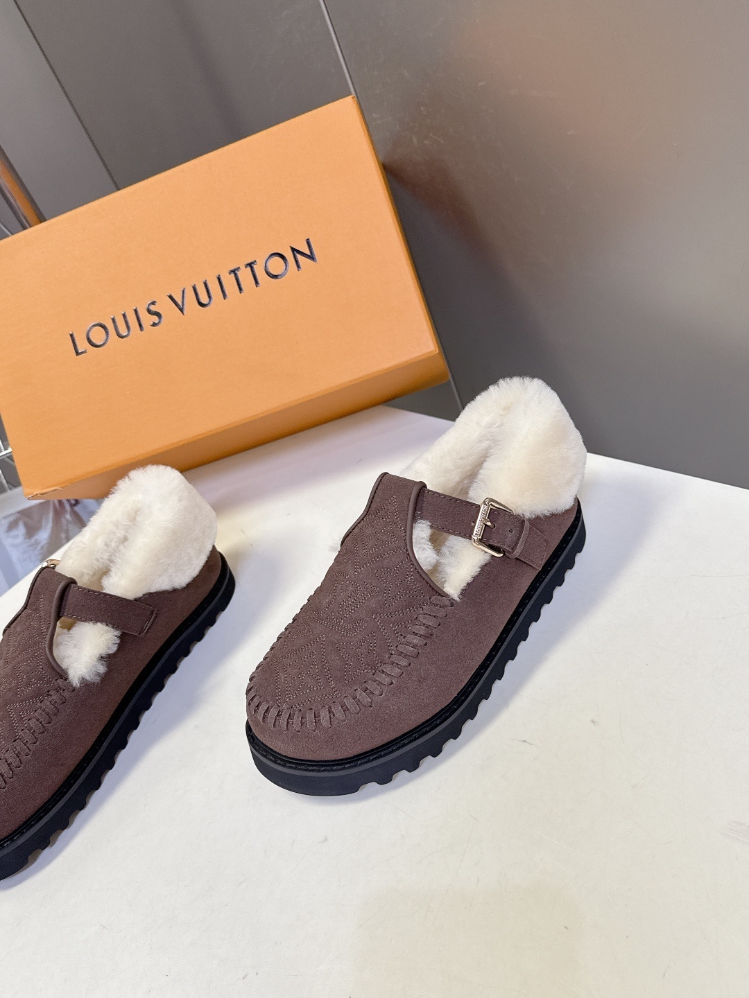 Louis Vuitton Suede Monogram Shearling Comfort Loafers