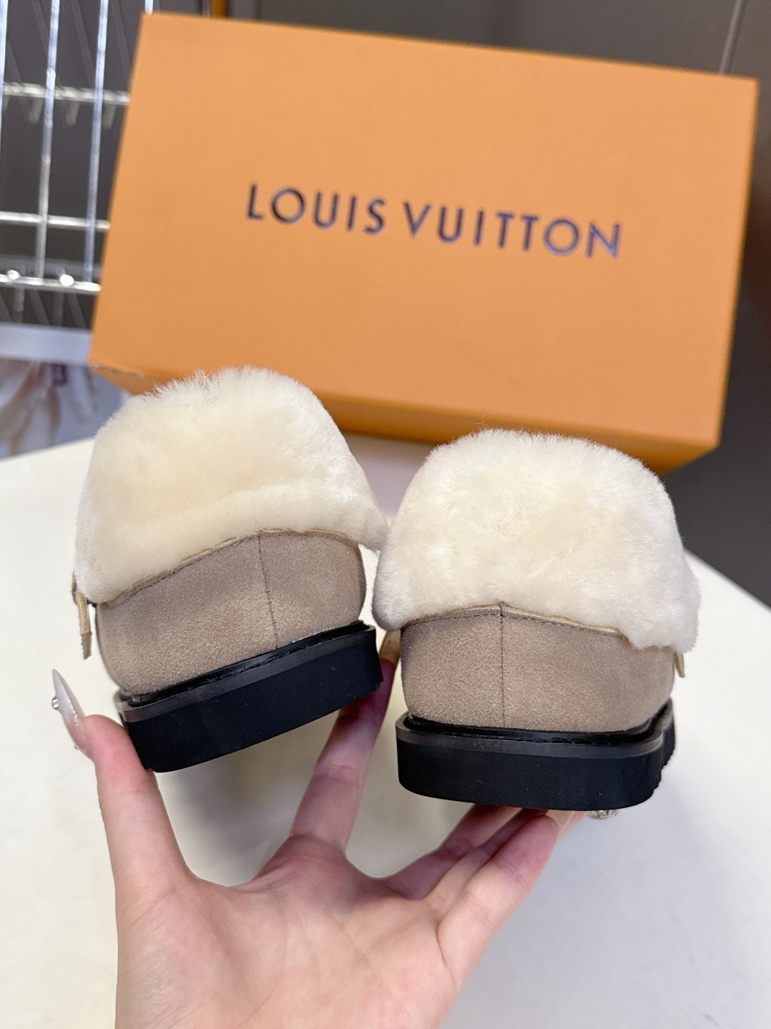 Louis Vuitton Monogram Suede Shearling Mules - Luxury Beige Slippers