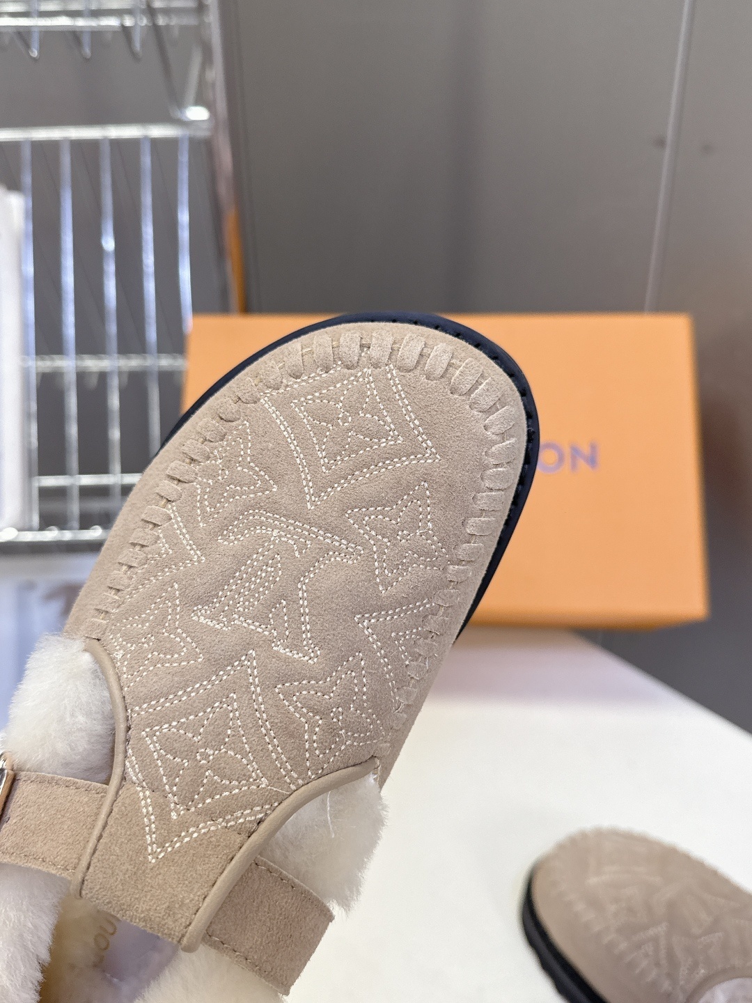 Louis Vuitton Monogram Suede Shearling Mules - Luxury Beige Slippers