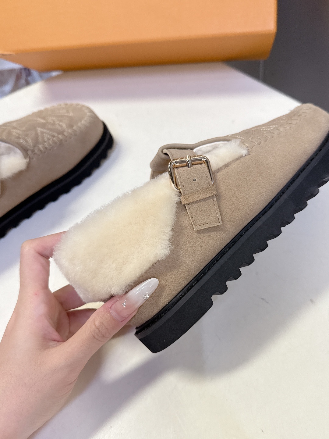 Louis Vuitton Monogram Suede Shearling Mules - Luxury Beige Slippers