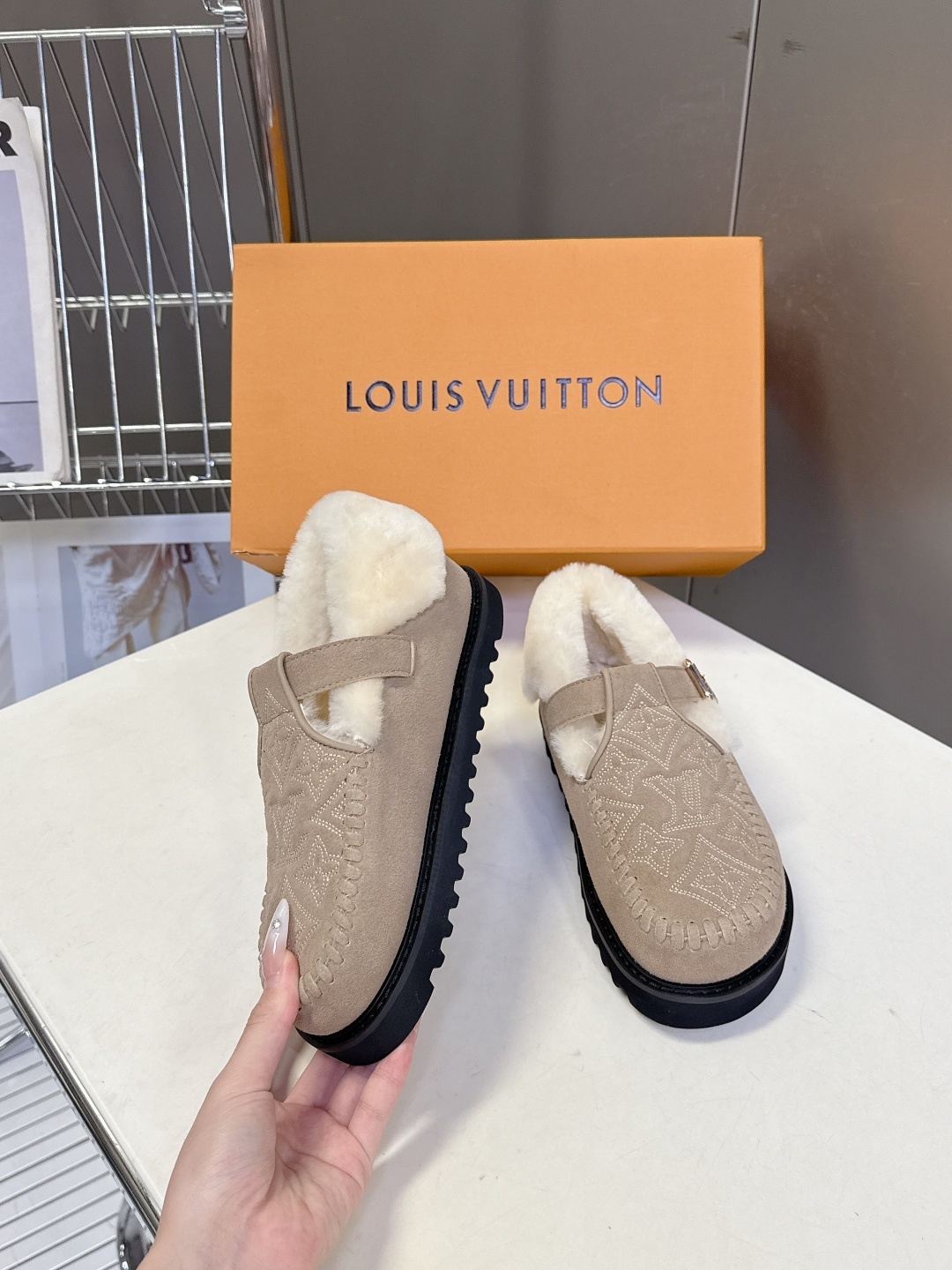 Louis Vuitton Monogram Suede Shearling Mules - Luxury Beige Slippers