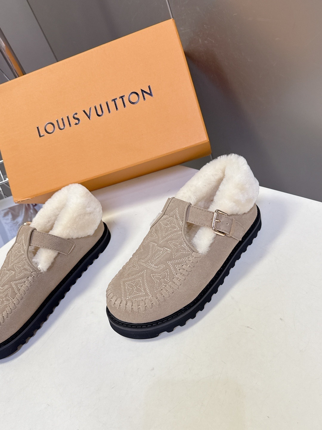 Louis Vuitton Monogram Suede Shearling Mules - Luxury Beige Slippers