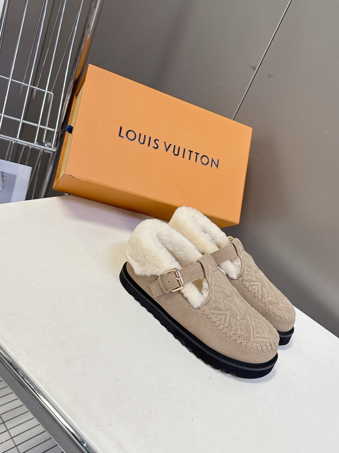 Louis Vuitton Monogram Suede Shearling Mules - Luxury Beige Slippers