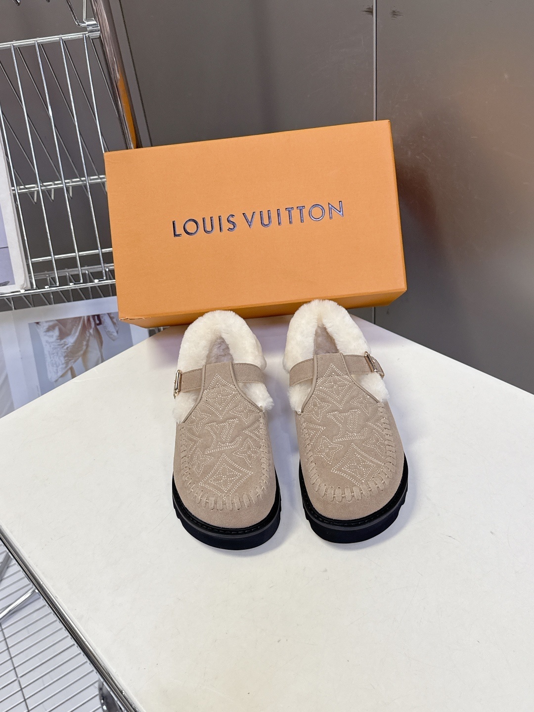 Louis Vuitton Monogram Suede Shearling Mules – Luxury Beige Slippers