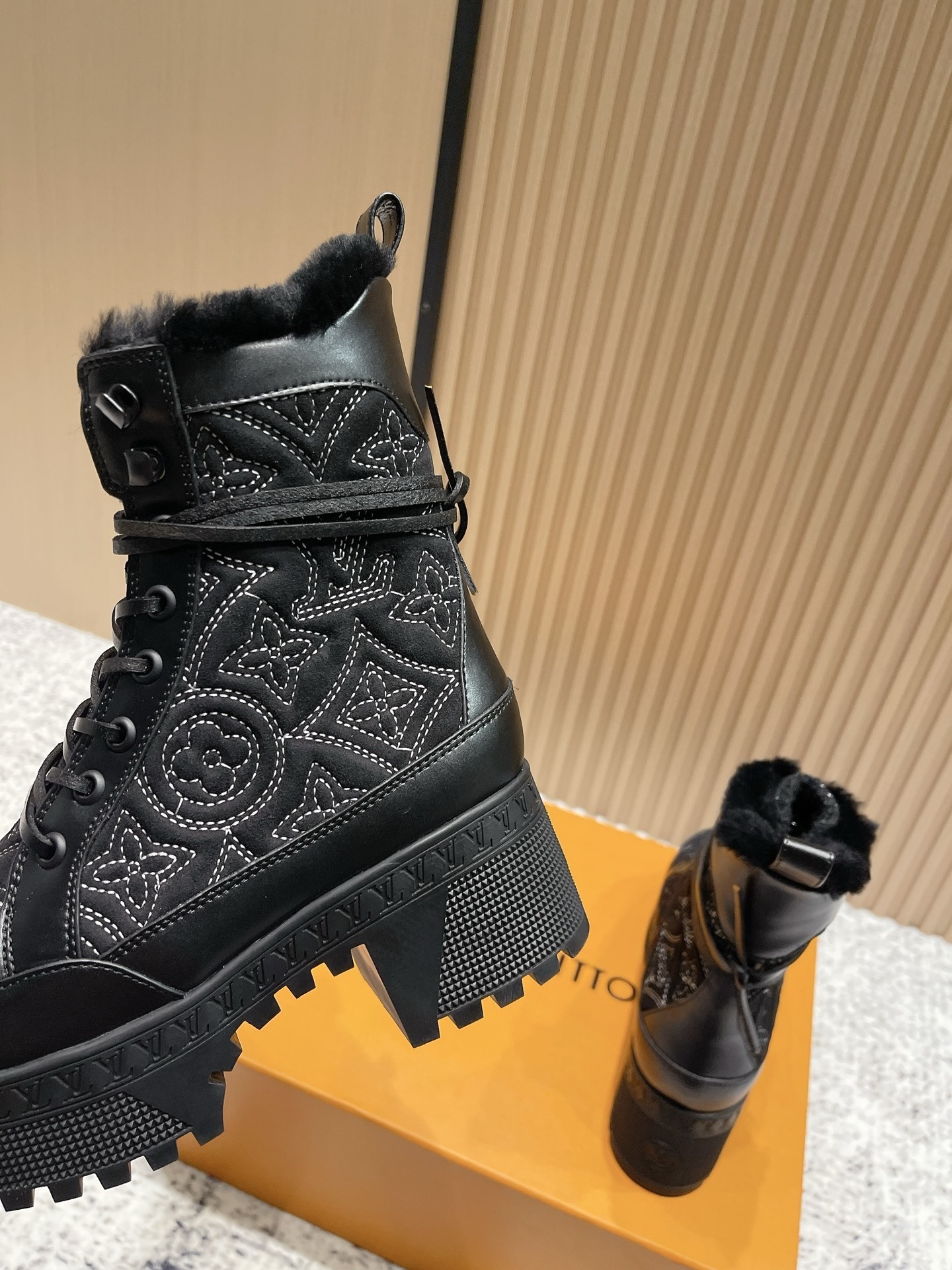 Women's Monogram Fur-Lined Platform Combat Ankle Boots - Black