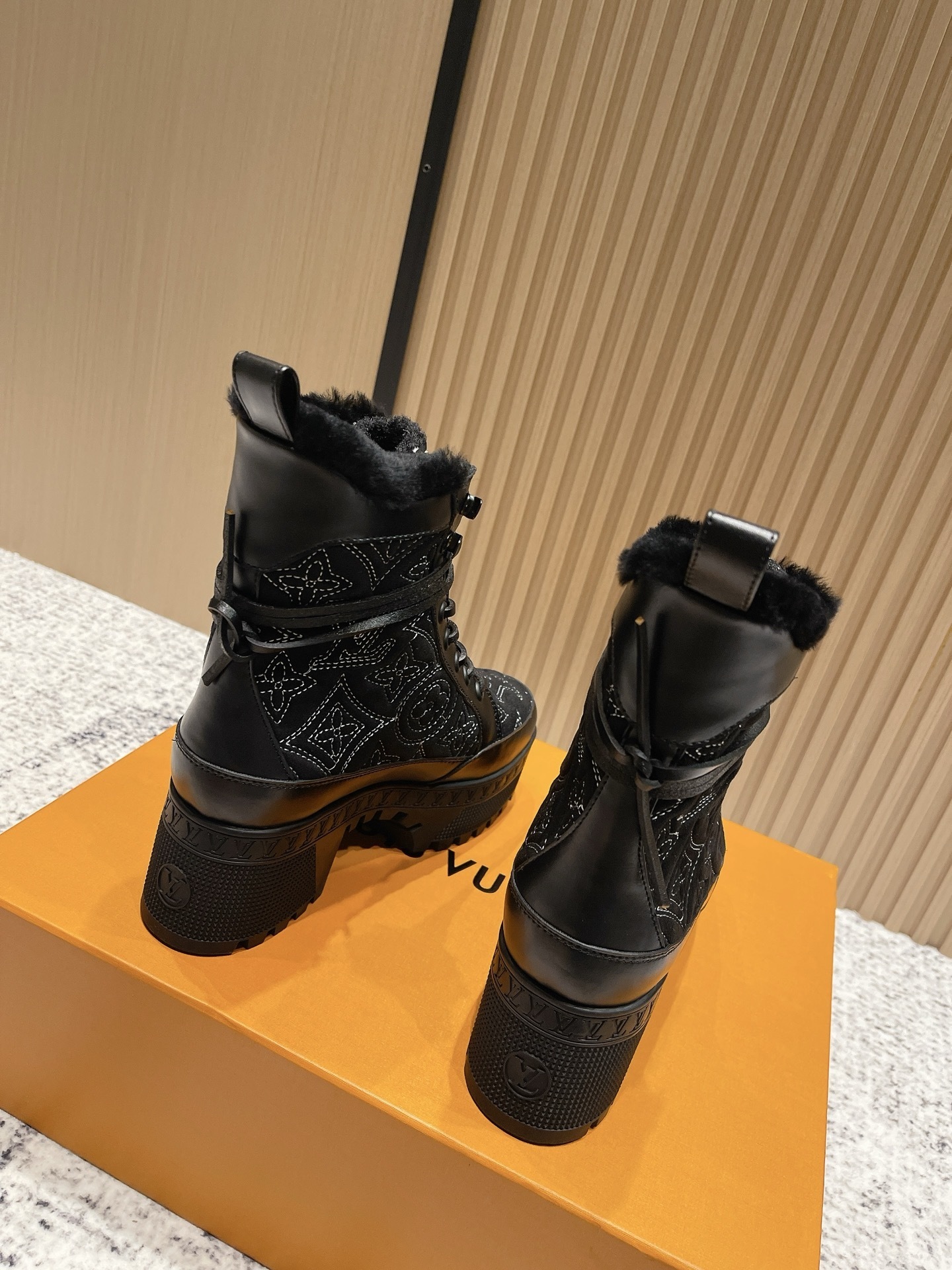 Women's Monogram Fur-Lined Platform Combat Ankle Boots - Black