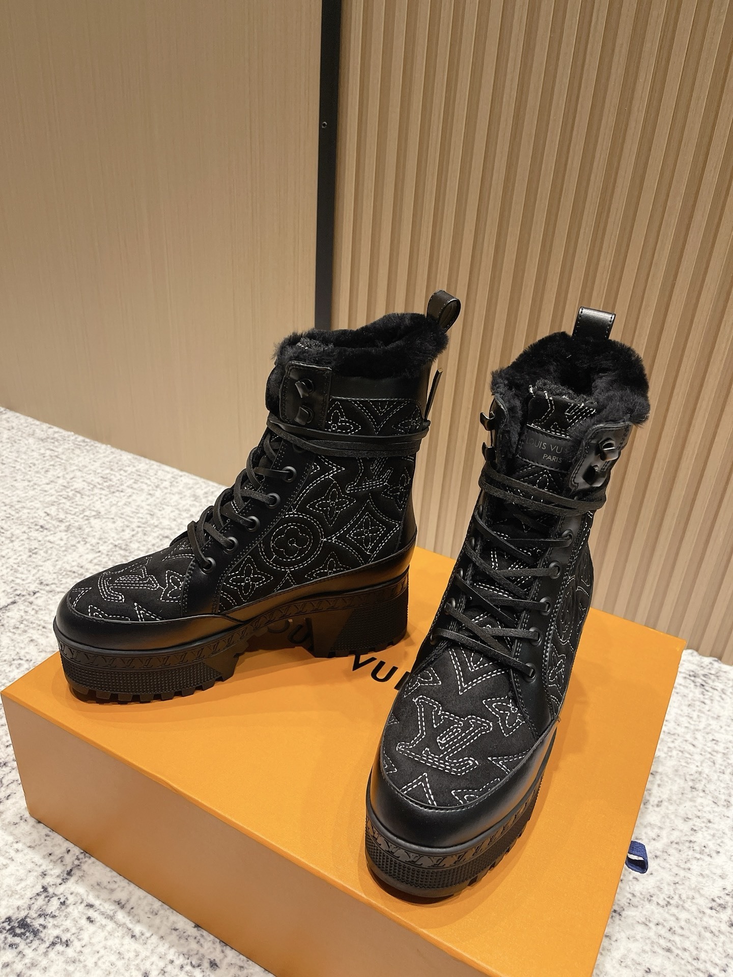 Women's Monogram Fur-Lined Platform Combat Ankle Boots - Black