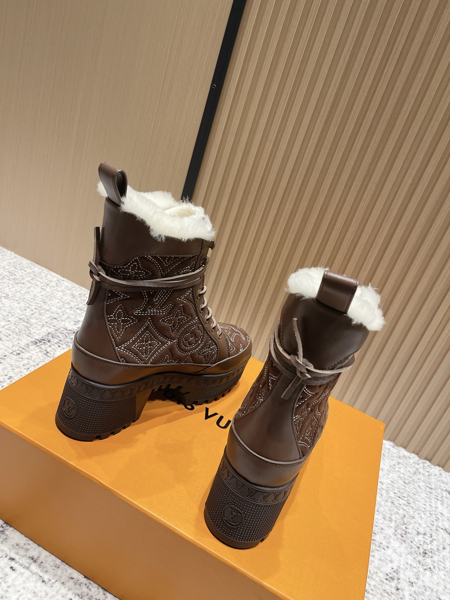 Louis Vuitton Women's Monogram Brown Suede Shearling Ankle Boots