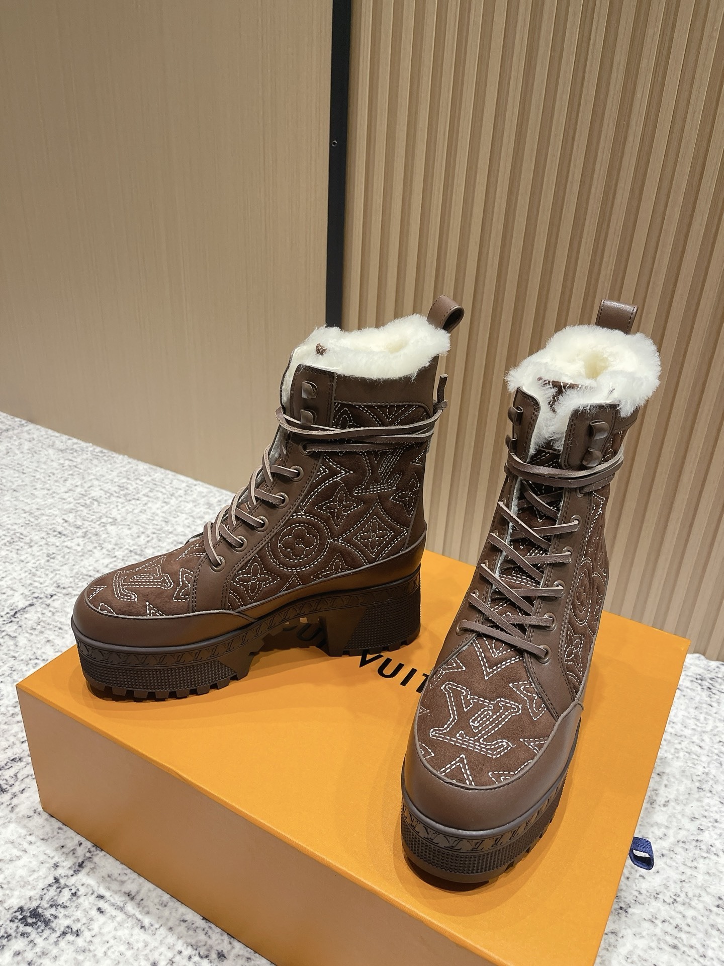 Louis Vuitton Women's Monogram Brown Suede Shearling Ankle Boots