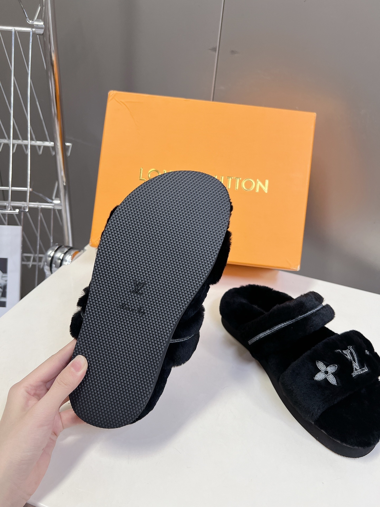 Louis Vuitton Black Furry Slippers Luxury Comfort Slides
