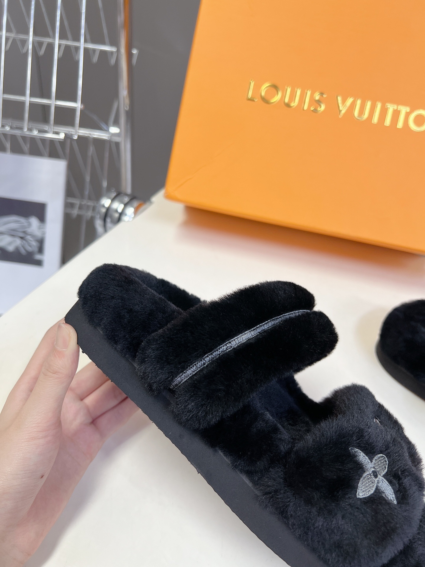 Louis Vuitton Black Furry Slippers Luxury Comfort Slides