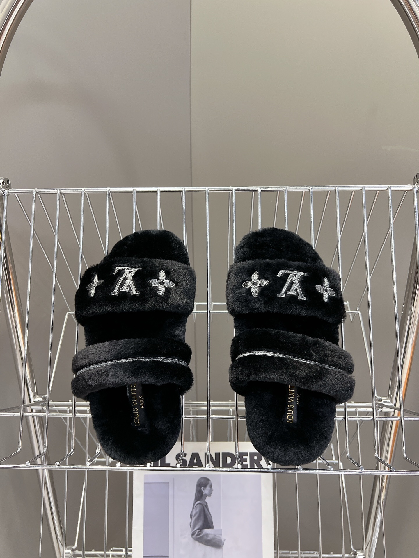 Louis Vuitton Black Furry Slippers Luxury Comfort Slides