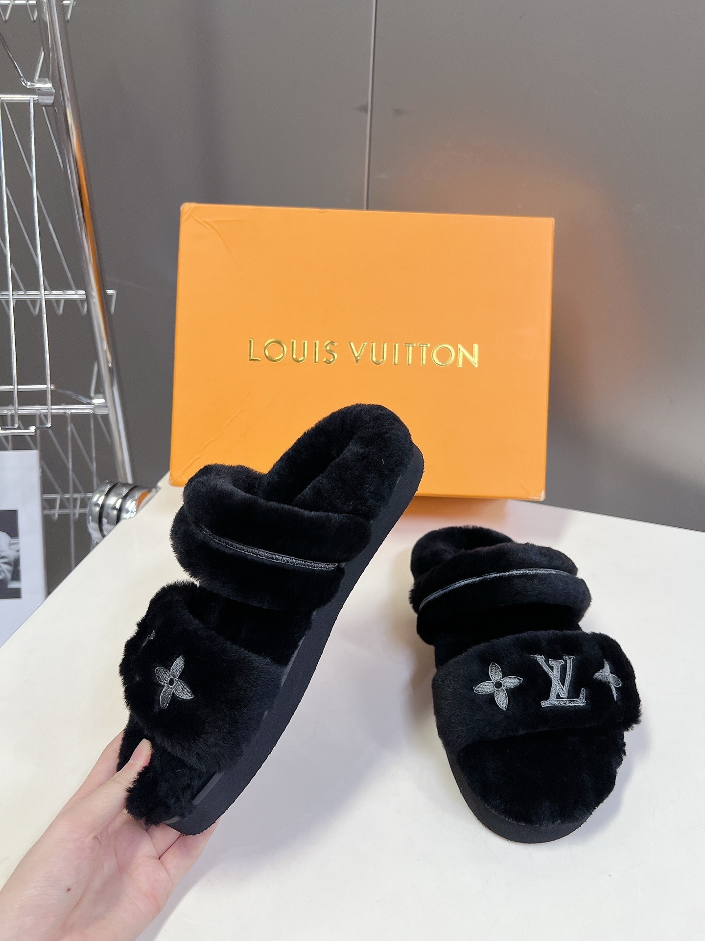 Louis Vuitton Black Furry Slippers Luxury Comfort Slides