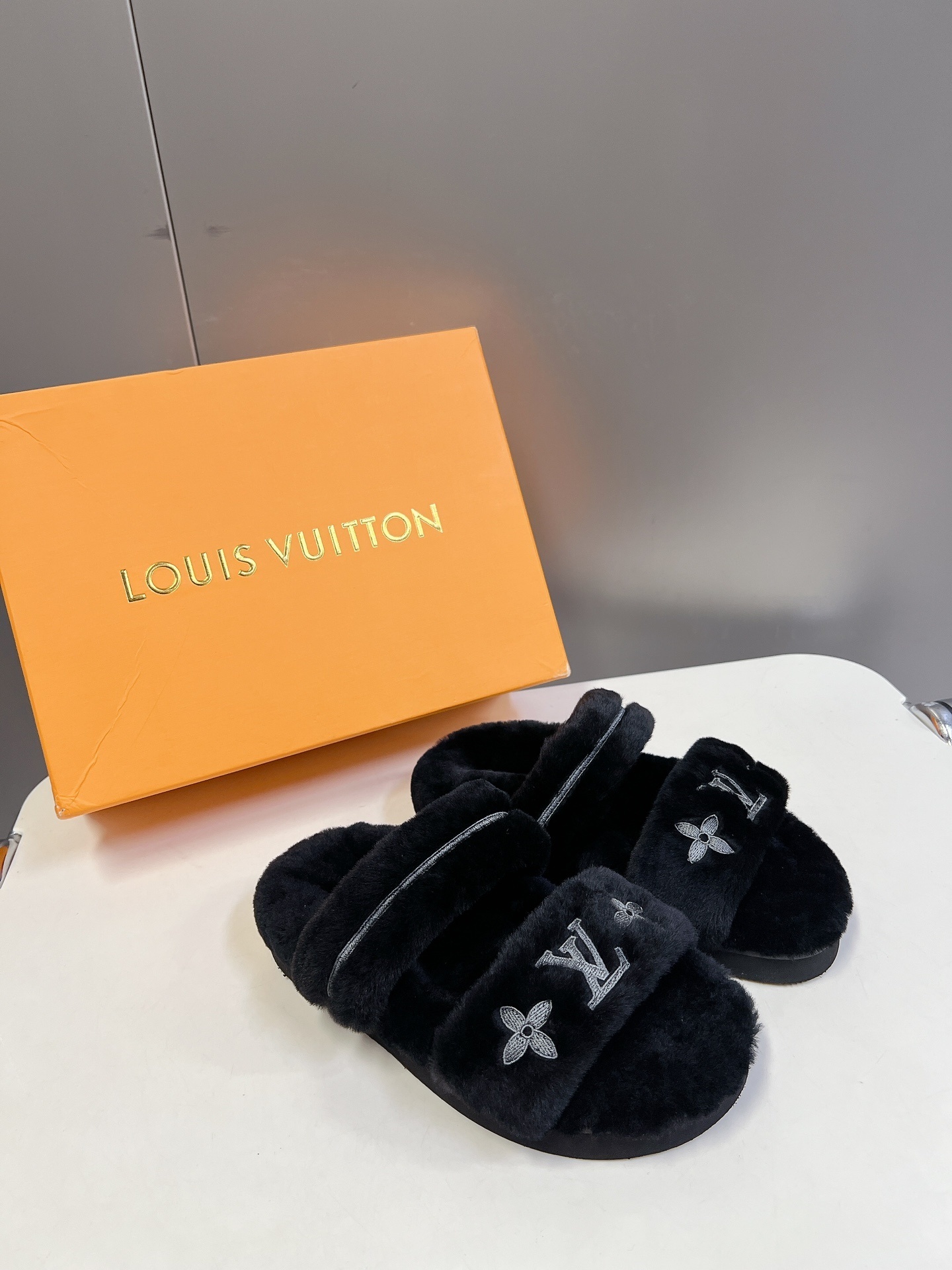 Louis Vuitton Black Furry Slippers Luxury Comfort Slides