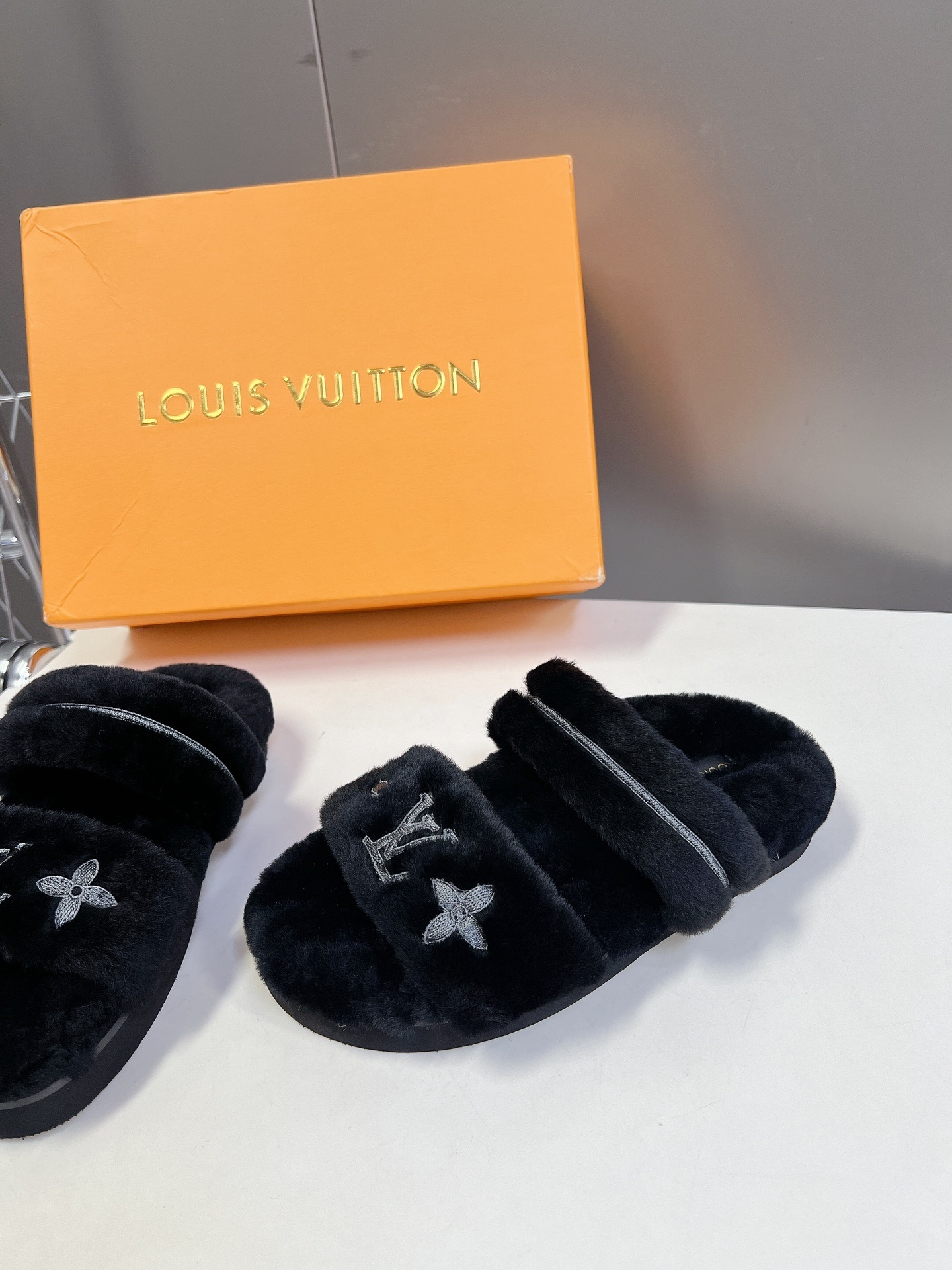 Louis Vuitton Black Furry Slippers Luxury Comfort Slides