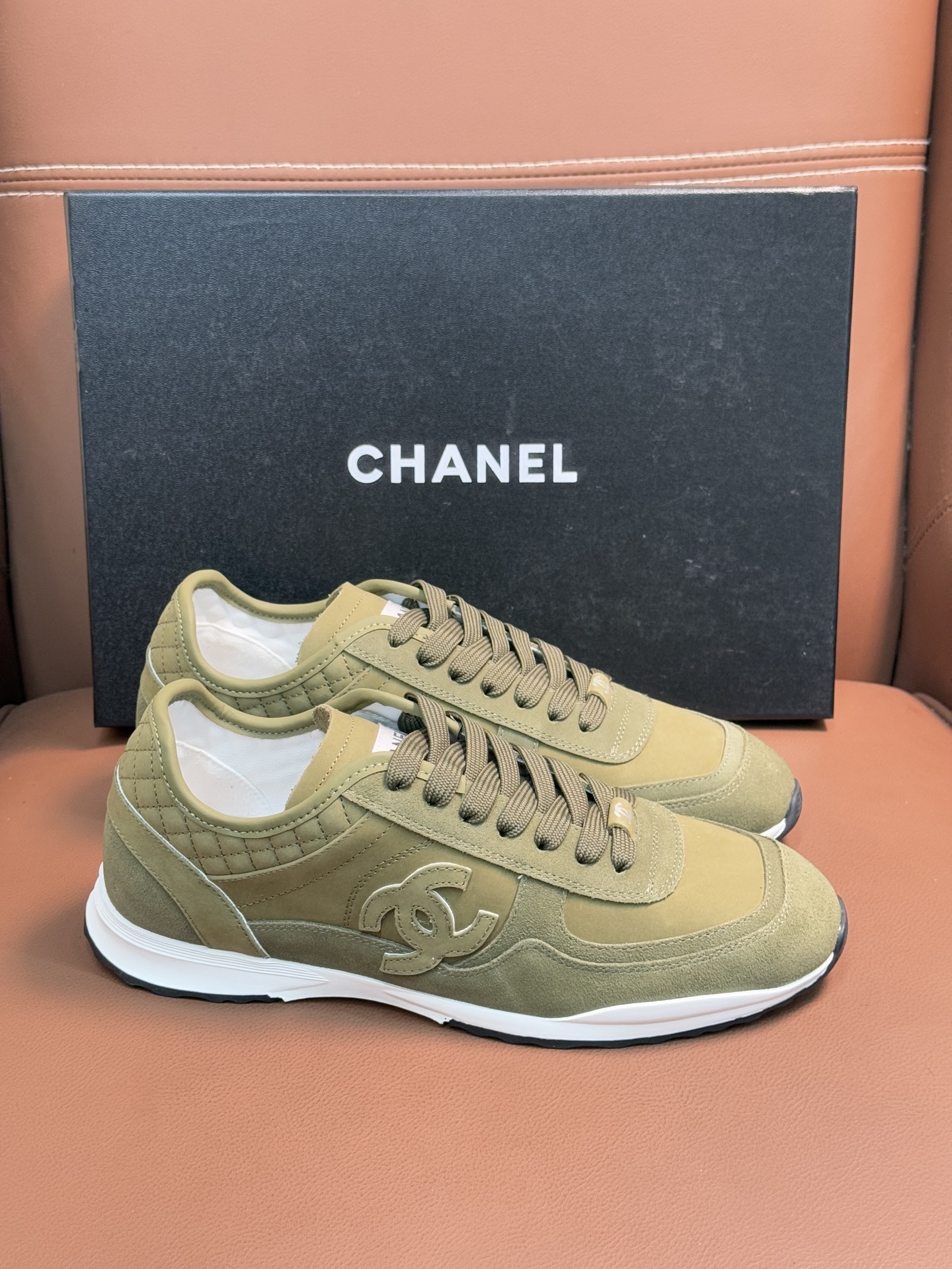 Chanel Suede & Fabric Sneakers in Khaki - Luxury Designer Footwear