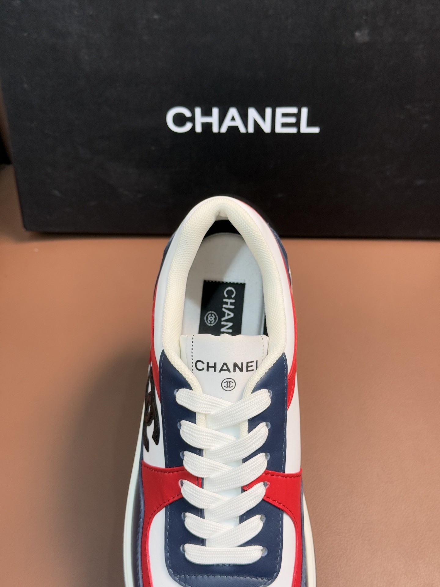 Chanel Tricolor Leather Sneakers - White, Navy & Red Low-Top