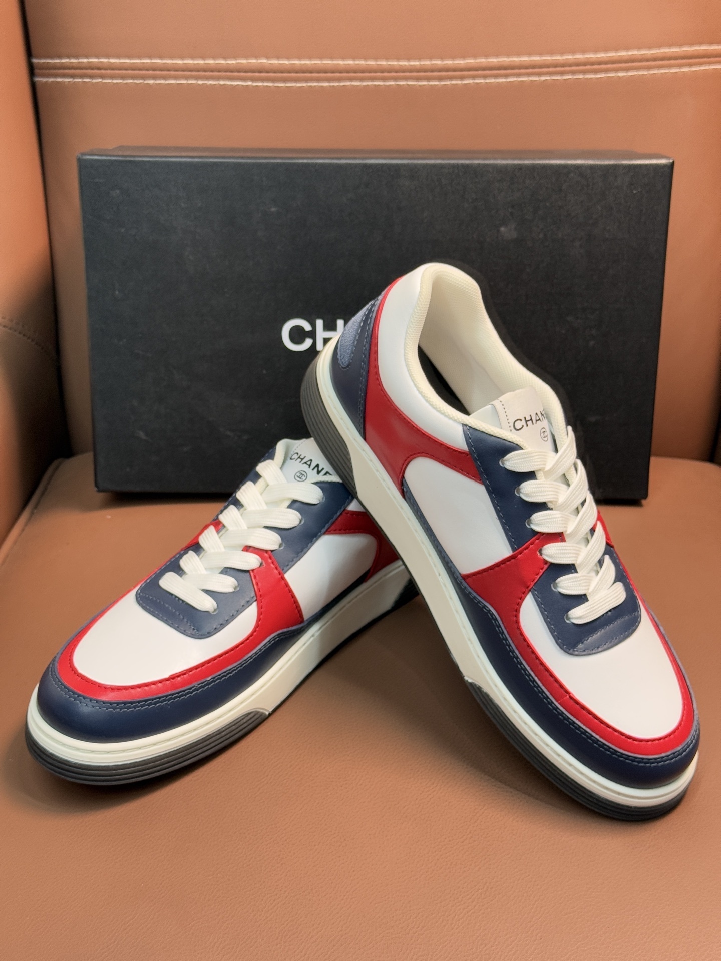 Chanel Tricolor Leather Sneakers - White, Navy & Red Low-Top