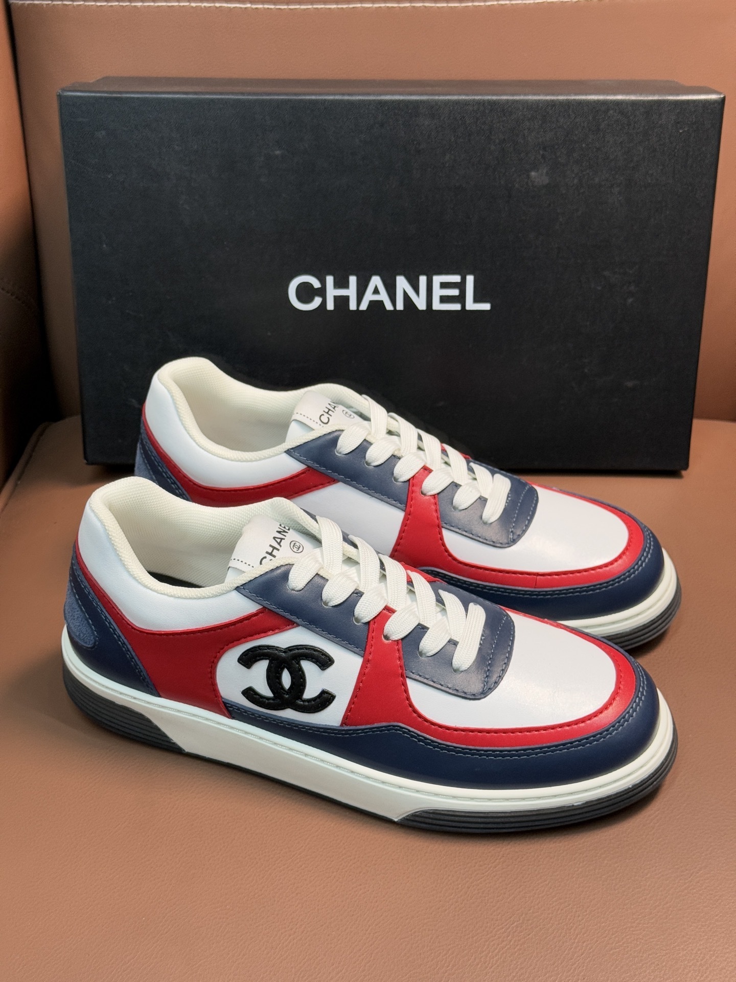 Chanel Tricolor Leather Sneakers - White, Navy & Red Low-Top